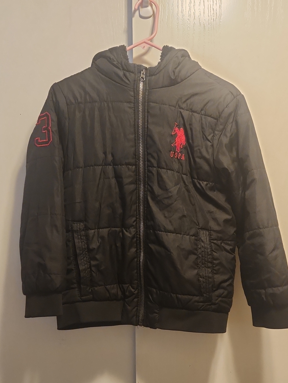 Kids Polo XL (14-16)  Black Puffer Jacket with Red Logo